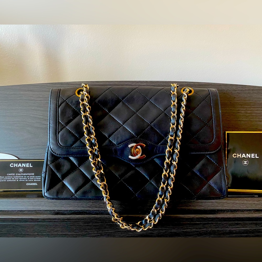 CHANEL PARIS LIMITED EDITION TWO-TONE CC DOUBLE FLAP BAG in black lambskin